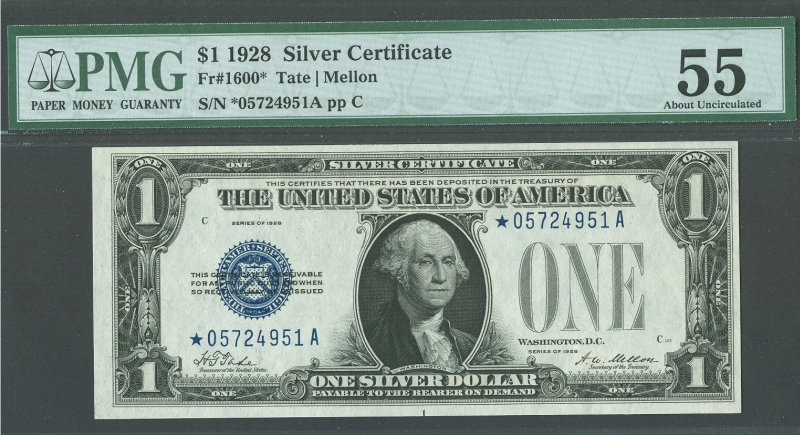 Fr.1600*, 1928 $1 Silver Certificate Star Note, AU, PMG-55